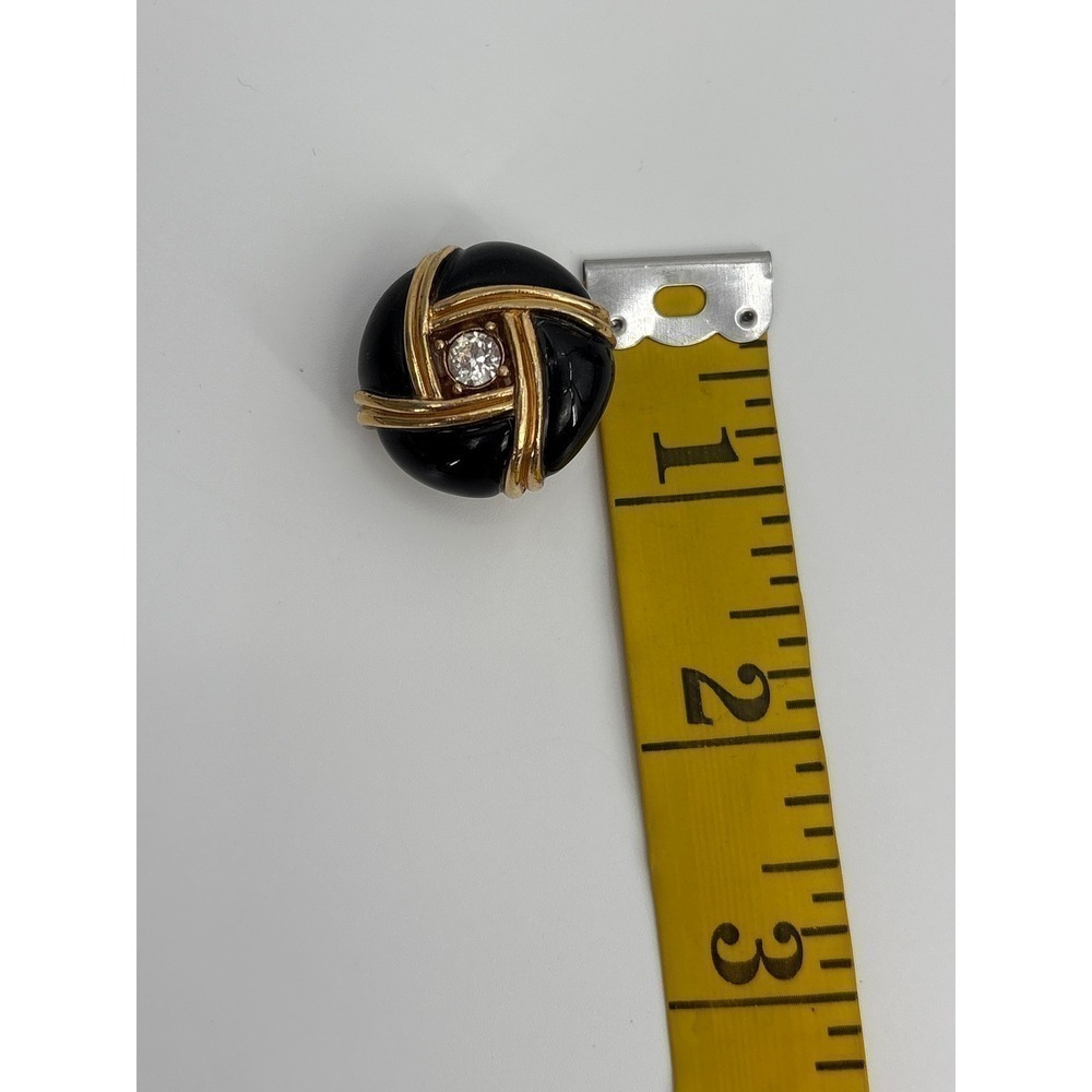 B46 Ciner Vintage Signed Black & Gold Clip On Earrings Rhinestone Knot Enamel - Picture 6 of 6